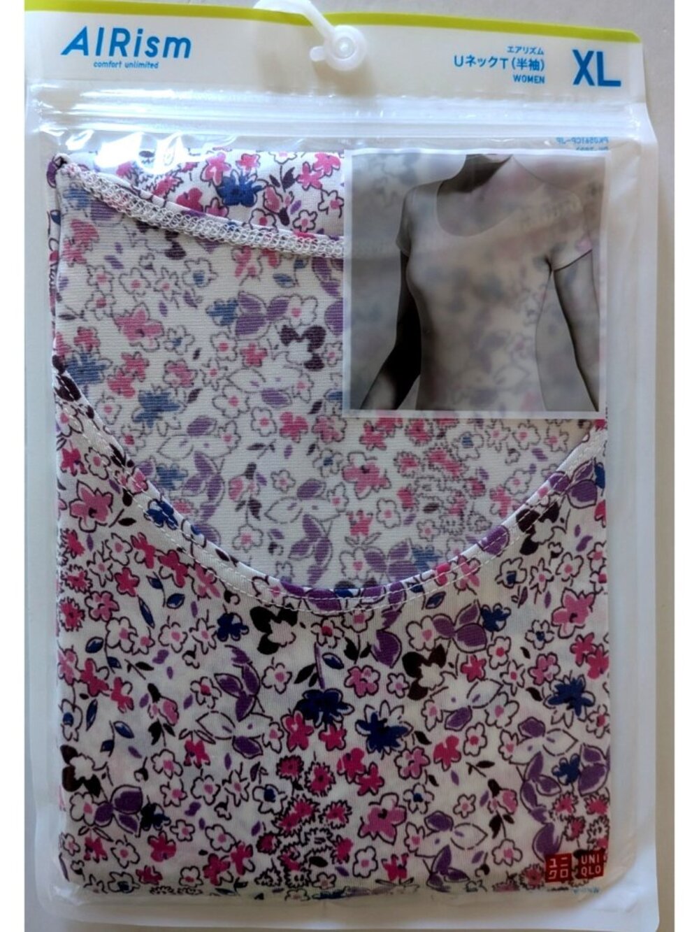 Uniqlo Airism Women's T-Shirt White Floral Scoop Neck Short Sleeves Knit XL